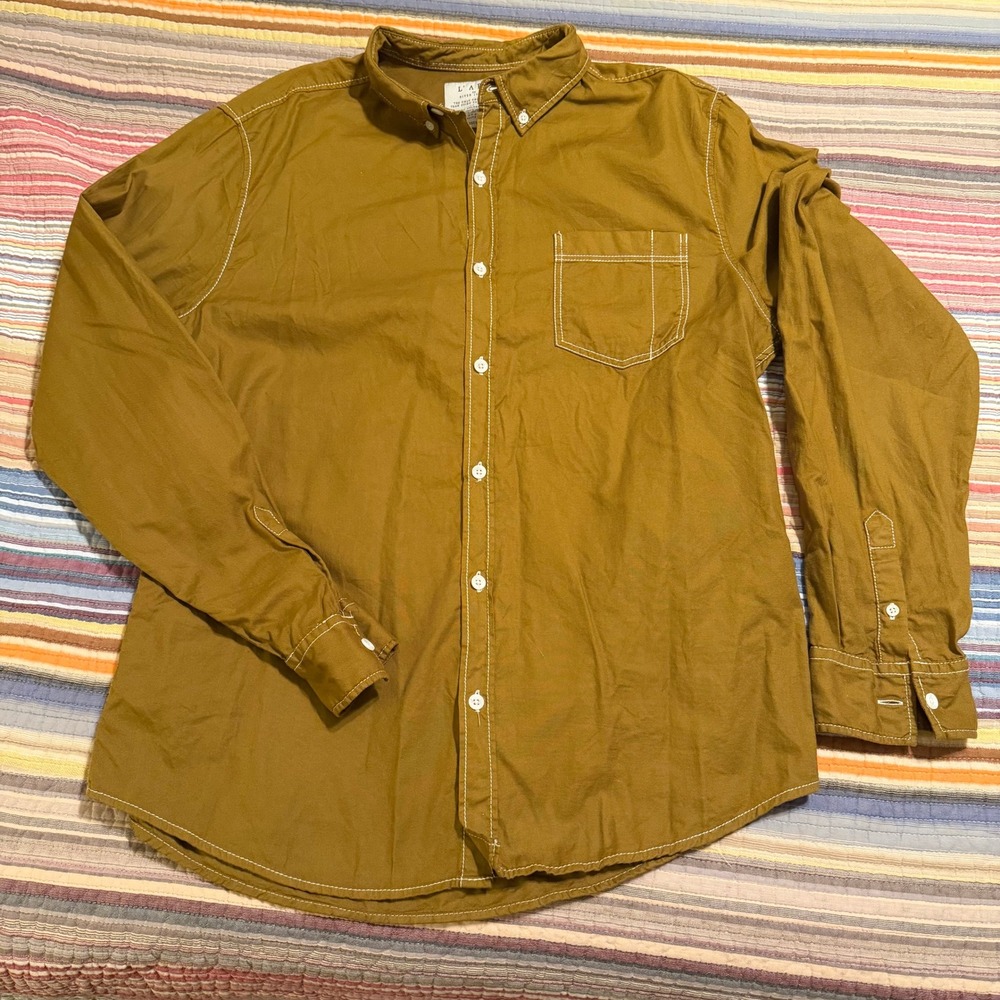 River Island LART Mens Long Sleeve Button Down Shirt Brown Size Large Cotton